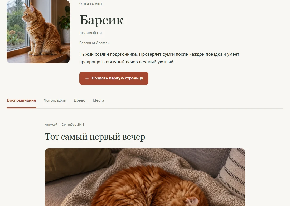 Пример страницы Барсика с описанием и воспоминанием