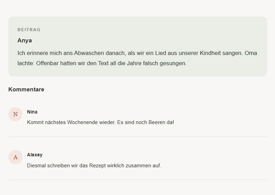 Beispiel einer Erinnerung mit Beitrag und Kommentaren