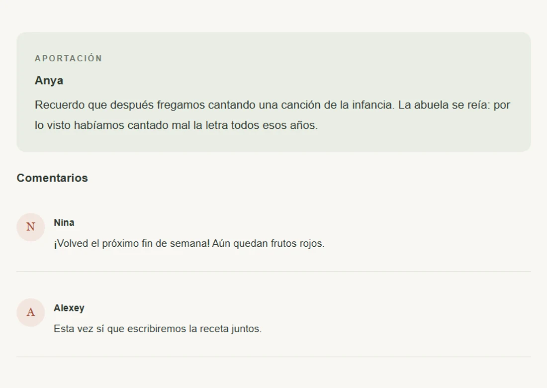 Ejemplo de un recuerdo con una aportación y comentarios