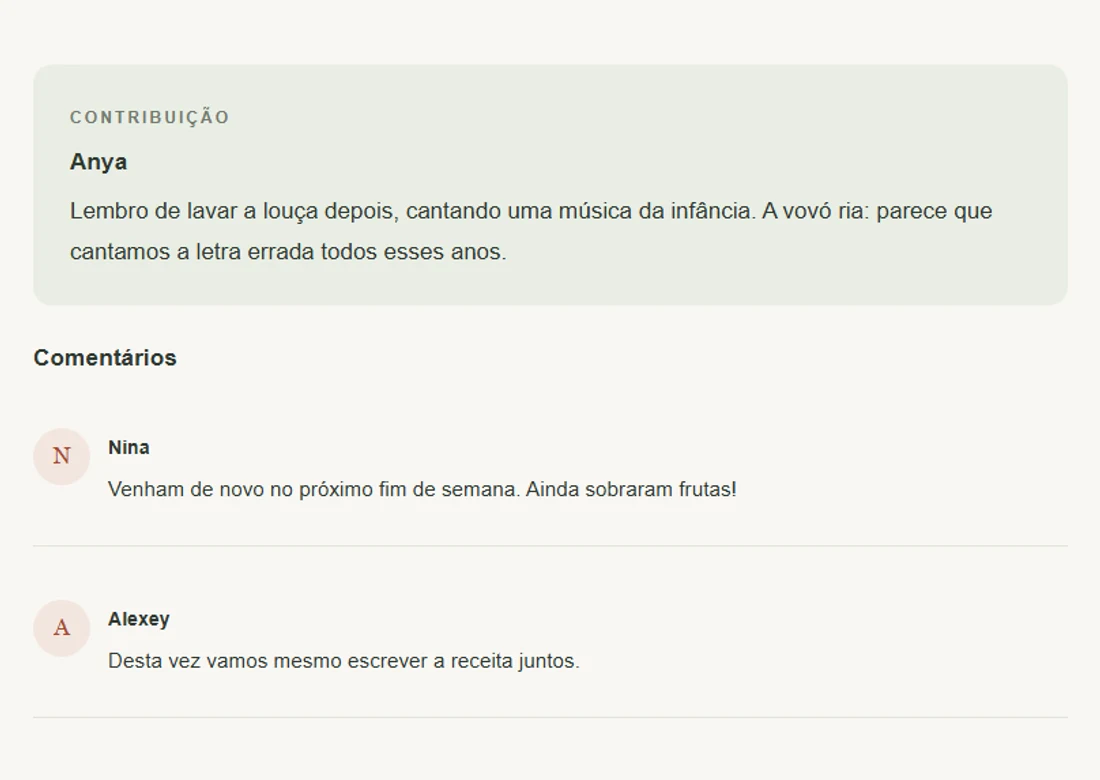 Exemplo de lembrança com uma contribuição e comentários